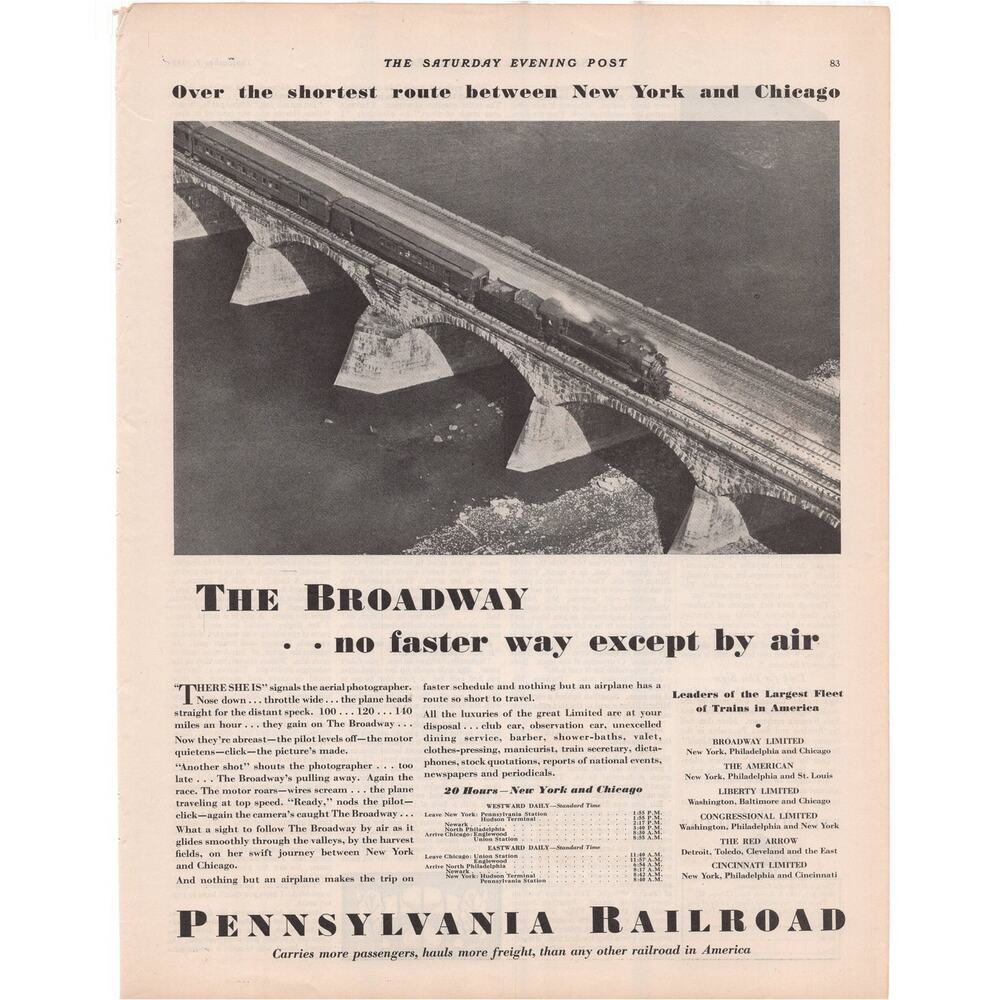 Pennsylvania Railroad Advertisement Vtg 1929 Train The Broadway New York Chicago